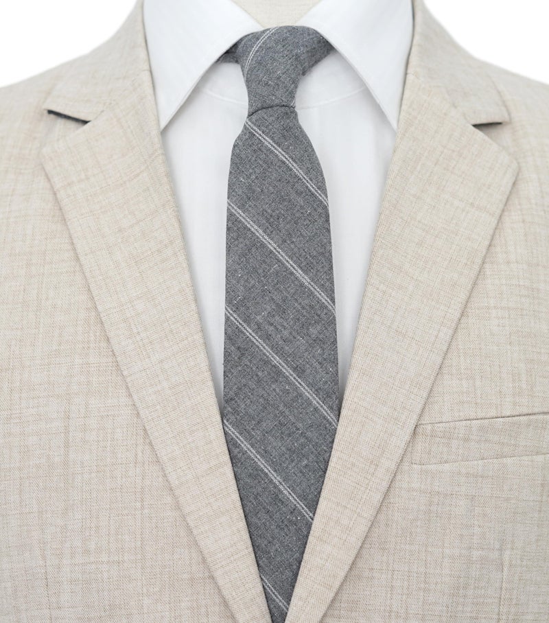 BELLUNO 2.5 inch Skinny Tie for Men, Cotton Linen Slim Neckties Gray Stripe - Image 2